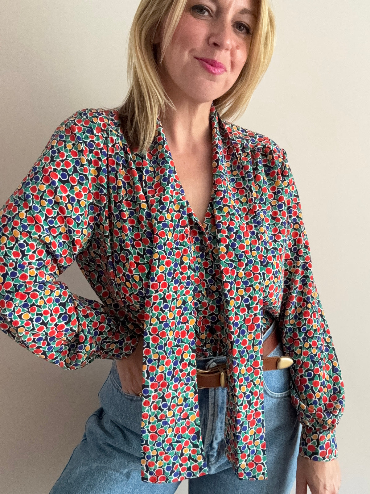 1980s Colourful Printed Tie-Neck Blouse