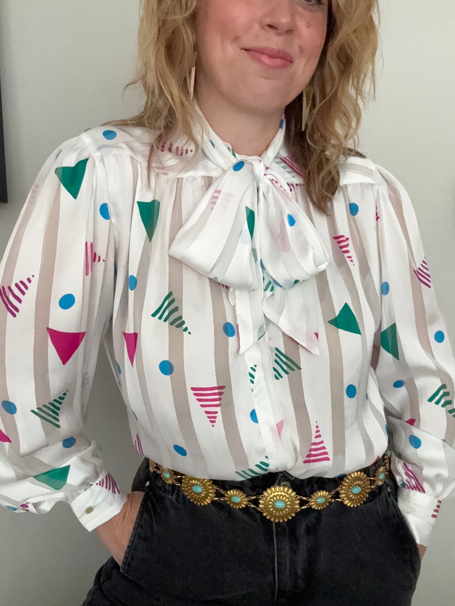 1980s ‘confetti’ pussybow shirt.