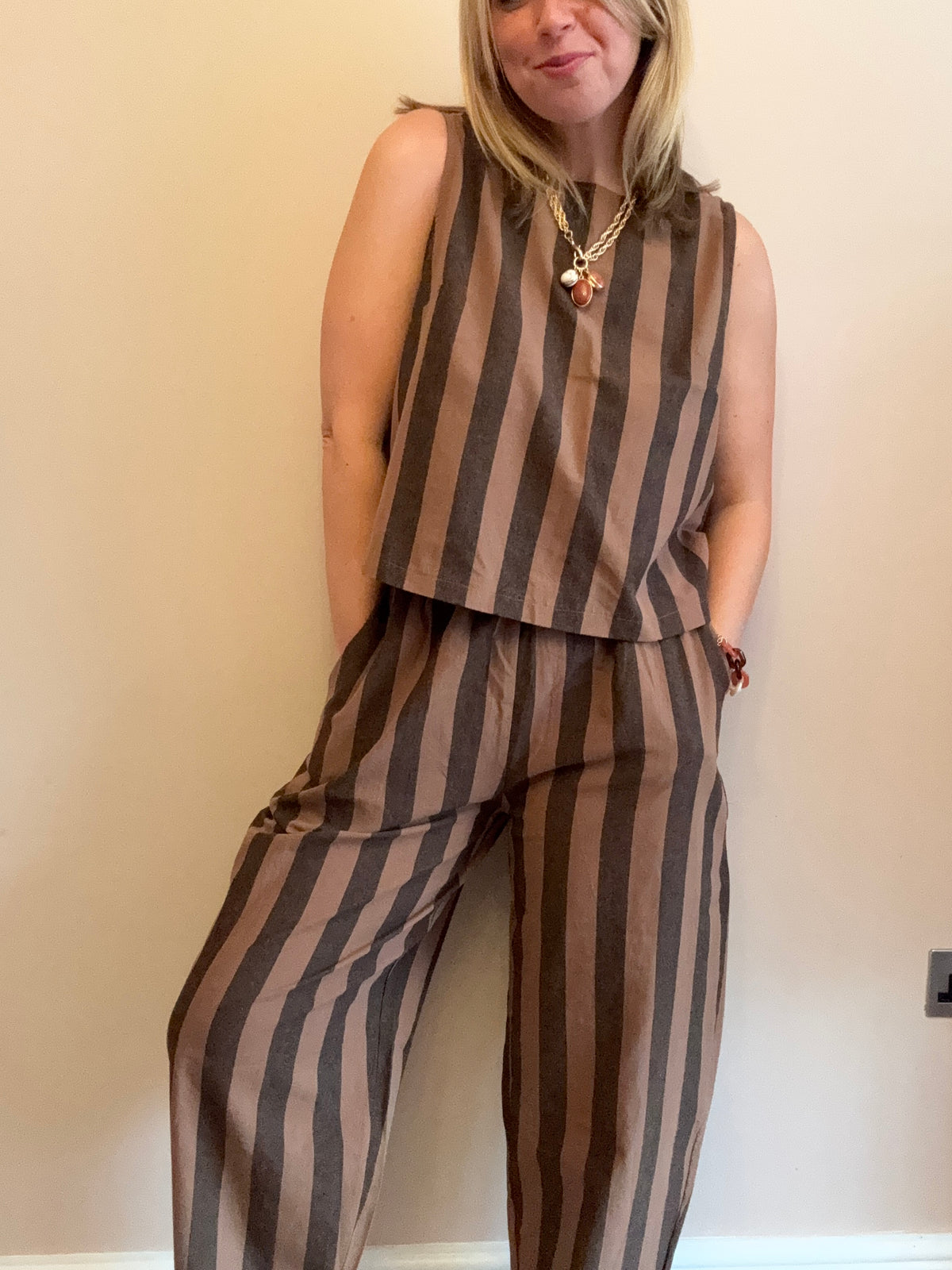 Brown & Charcoal Striped Wide-Leg Coord