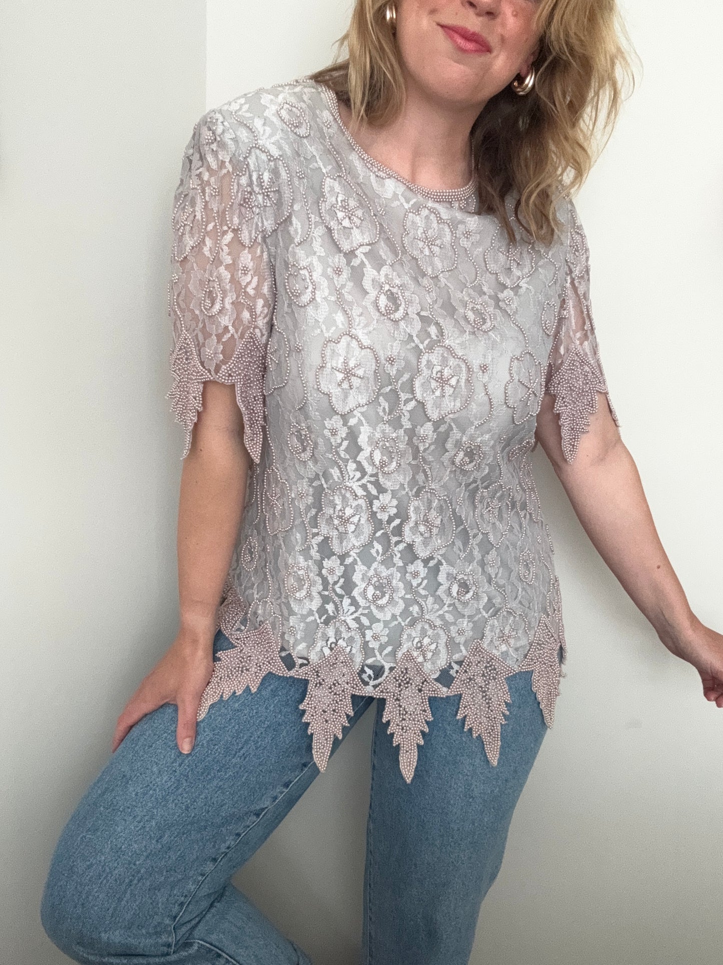 Vintage grey floral lace beaded top