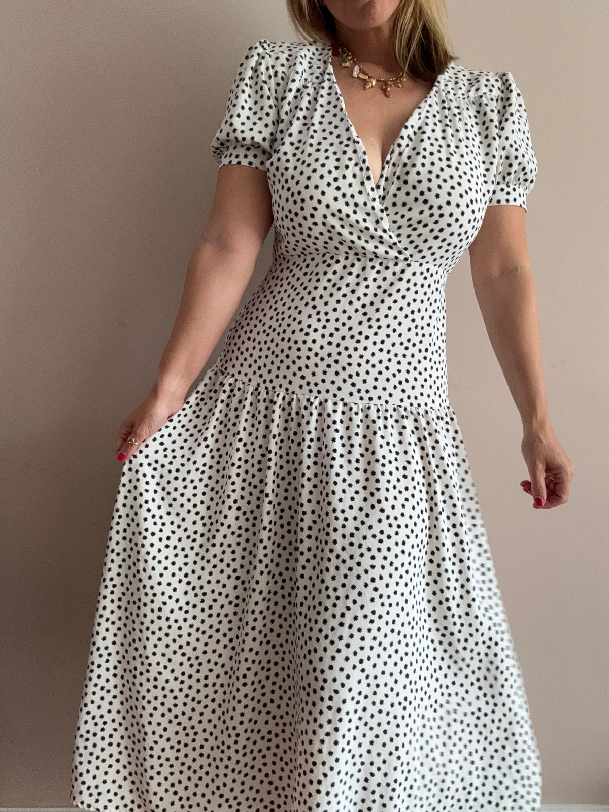 White & Black Spot Print Midi Dress