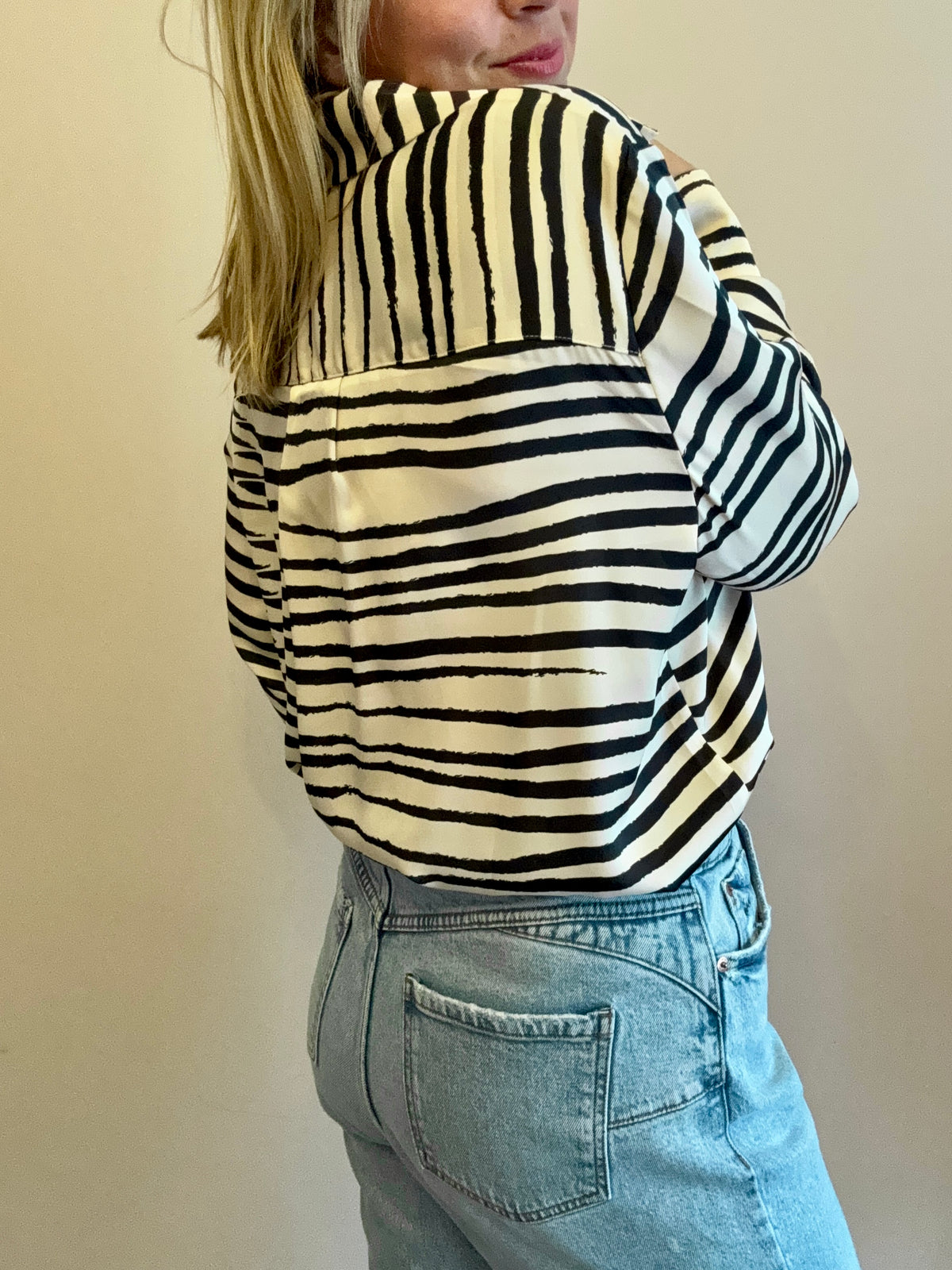 Black & Cream Striped Collared Blouse