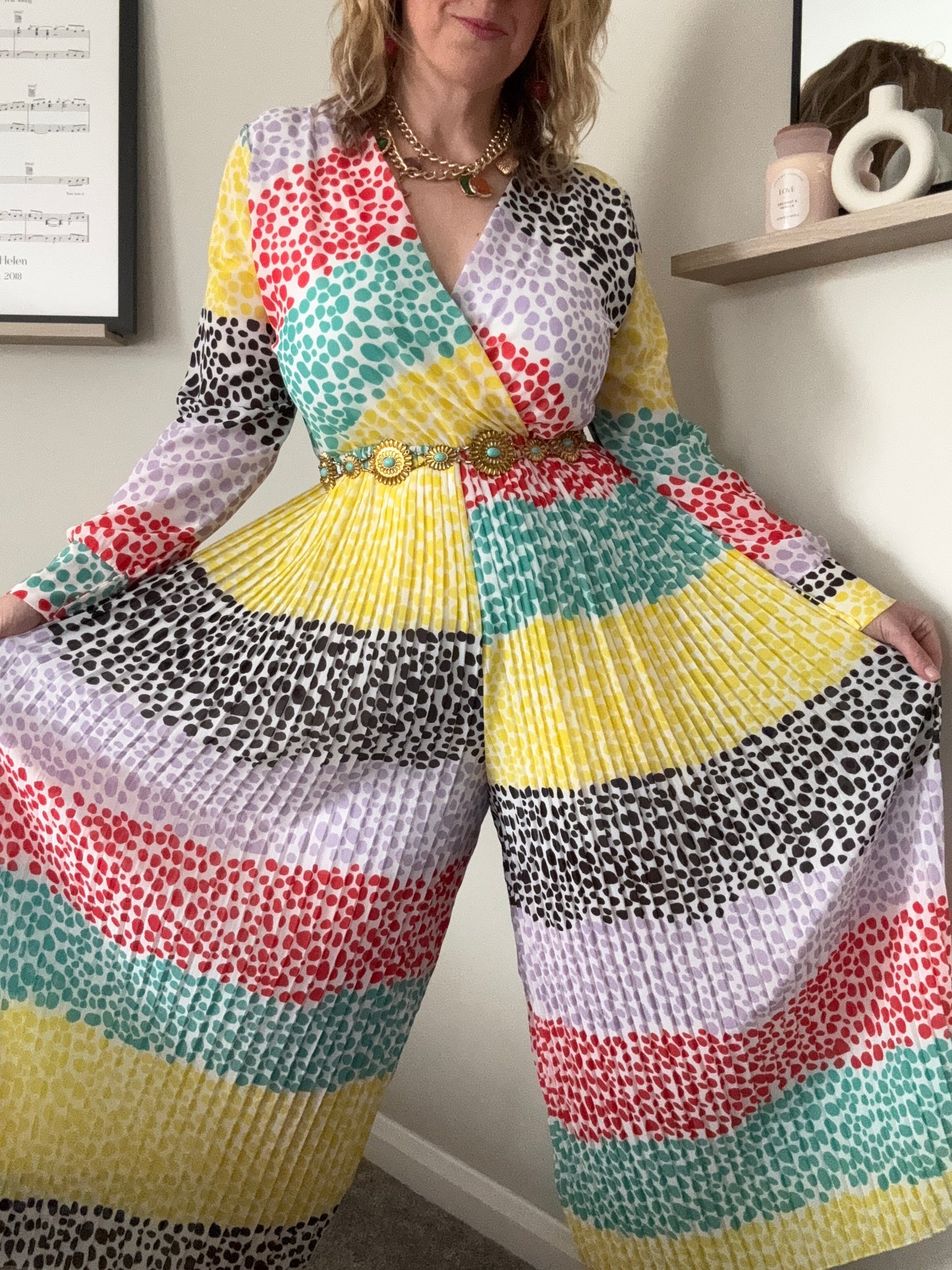 Multicolour pleated wide leg jumpsuit