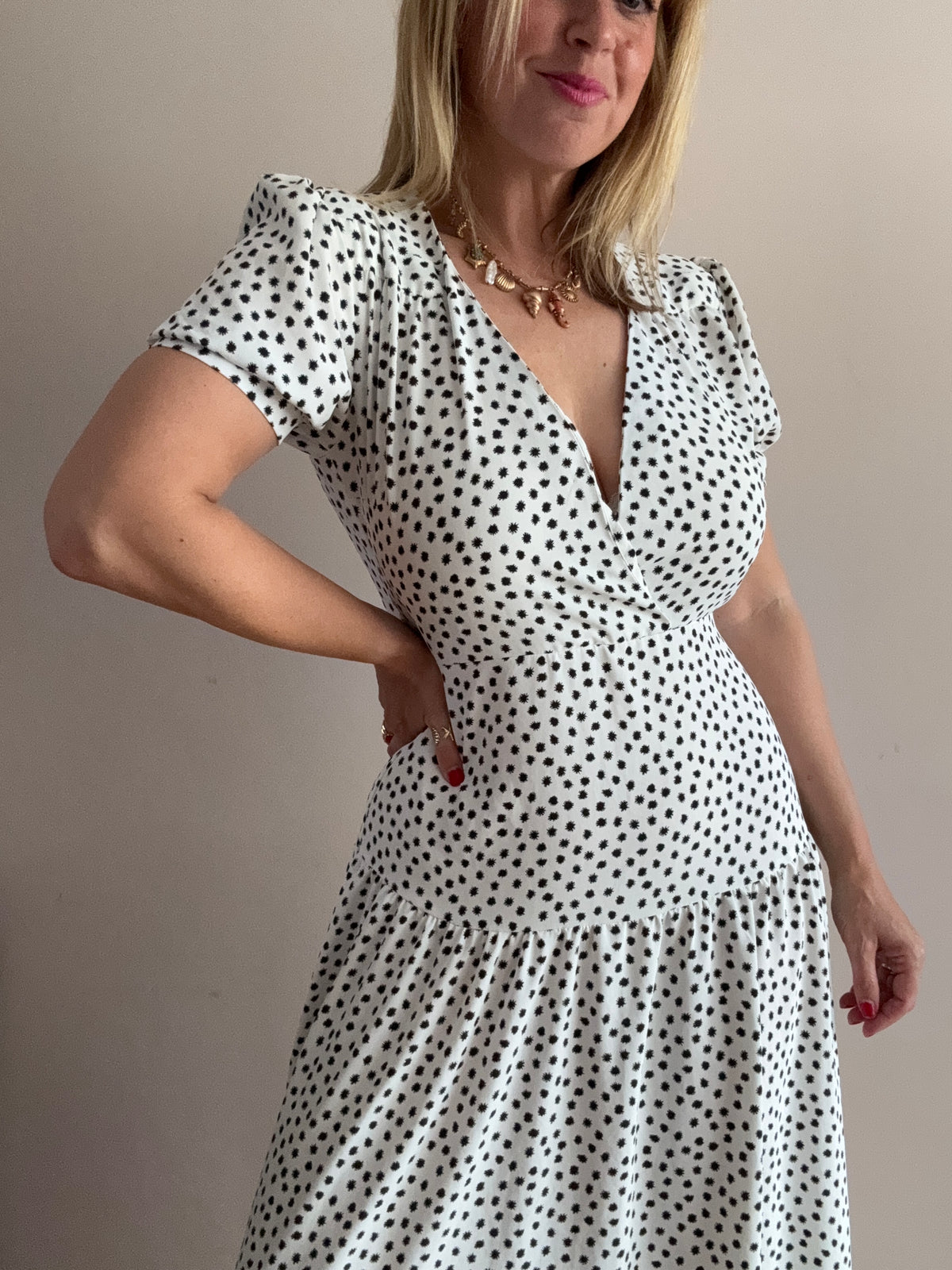 White & Black Spot Print Midi Dress