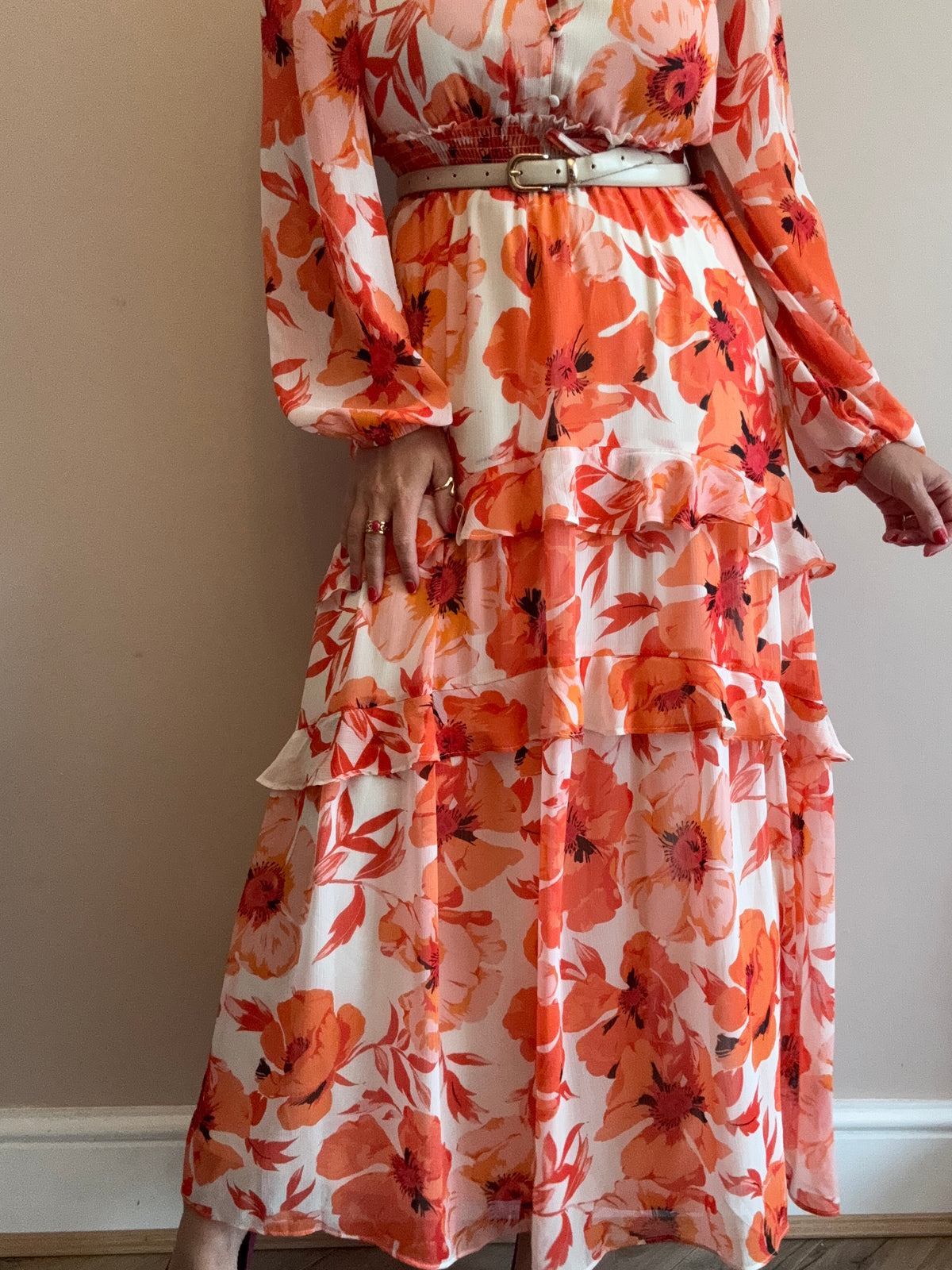Orange & Coral Floral Tiered Maxi Dress