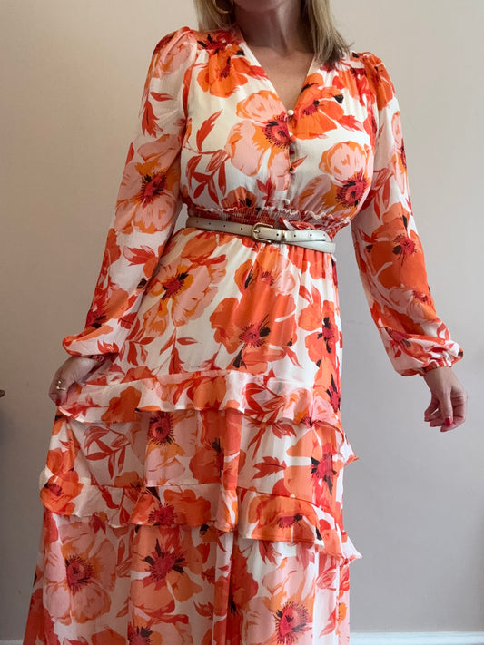 Orange & Coral Floral Tiered Maxi Dress