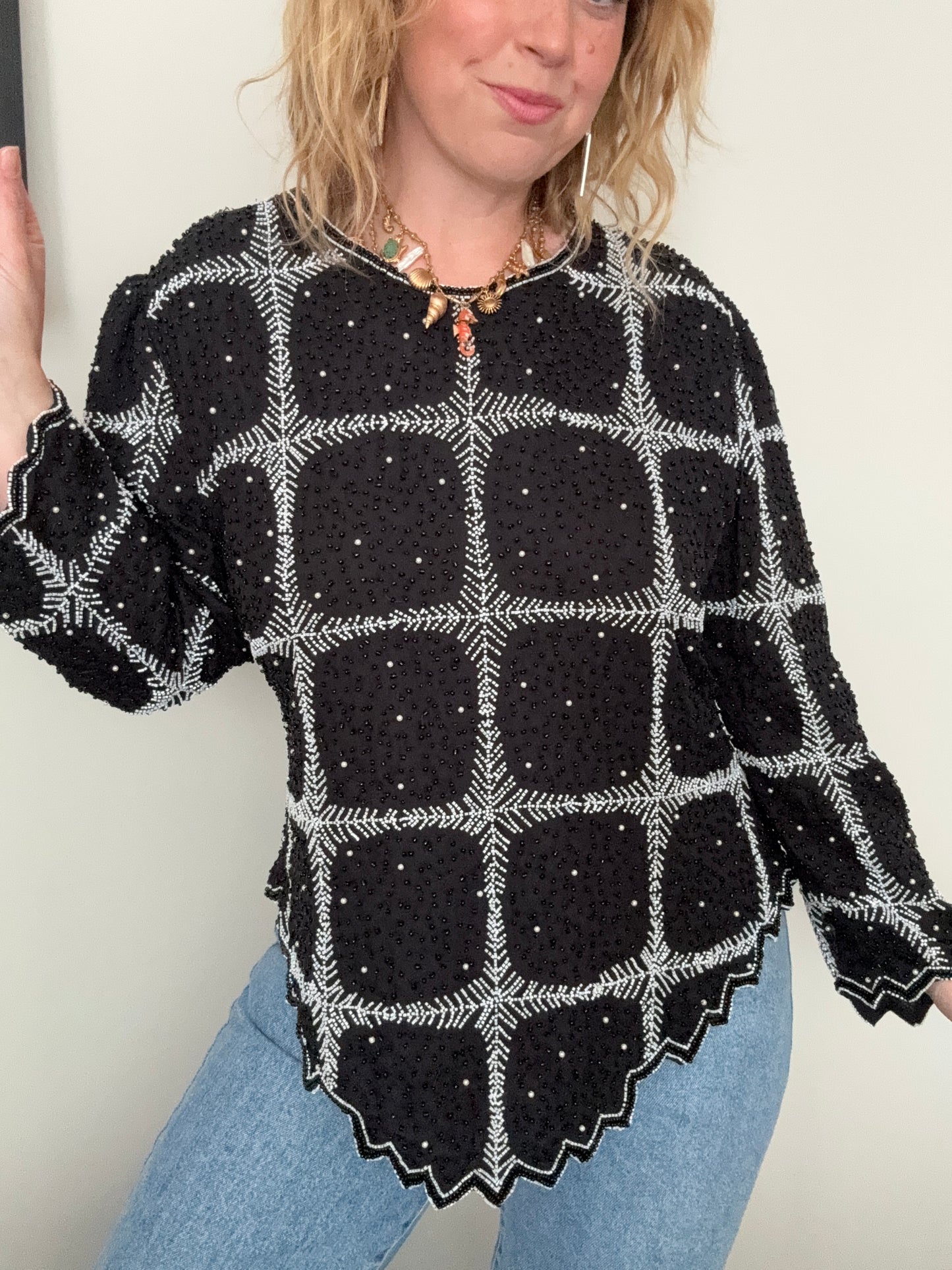 Vintage black beaded ‘windowpane’ silk blouse