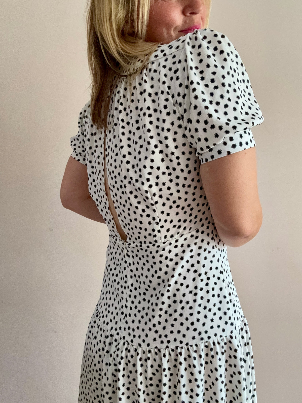 White & Black Spot Print Midi Dress