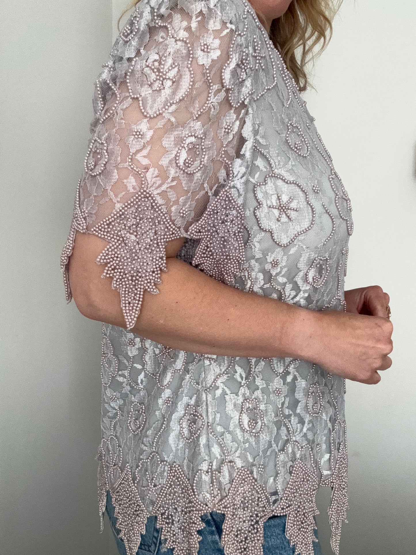 Vintage grey floral lace beaded top