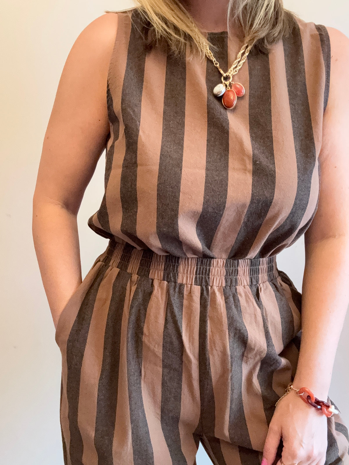 Brown & Charcoal Striped Wide-Leg Coord