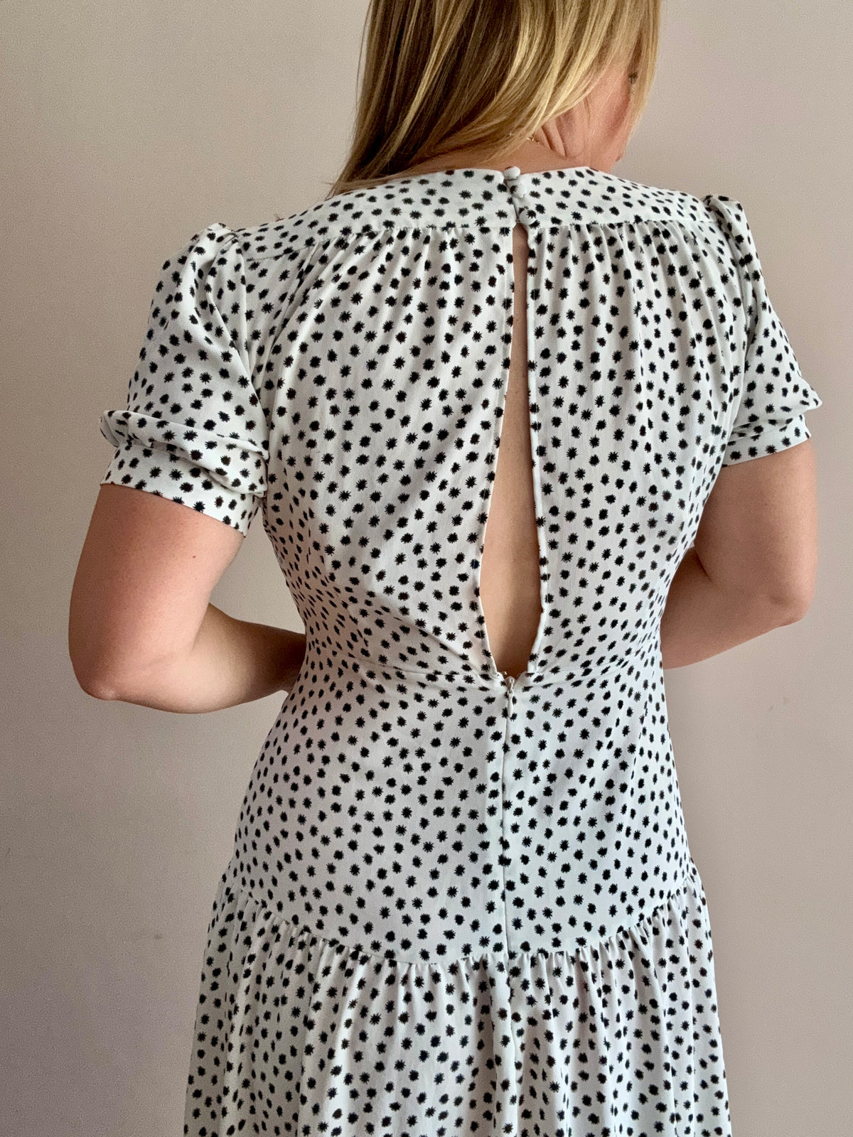 White & Black Spot Print Midi Dress