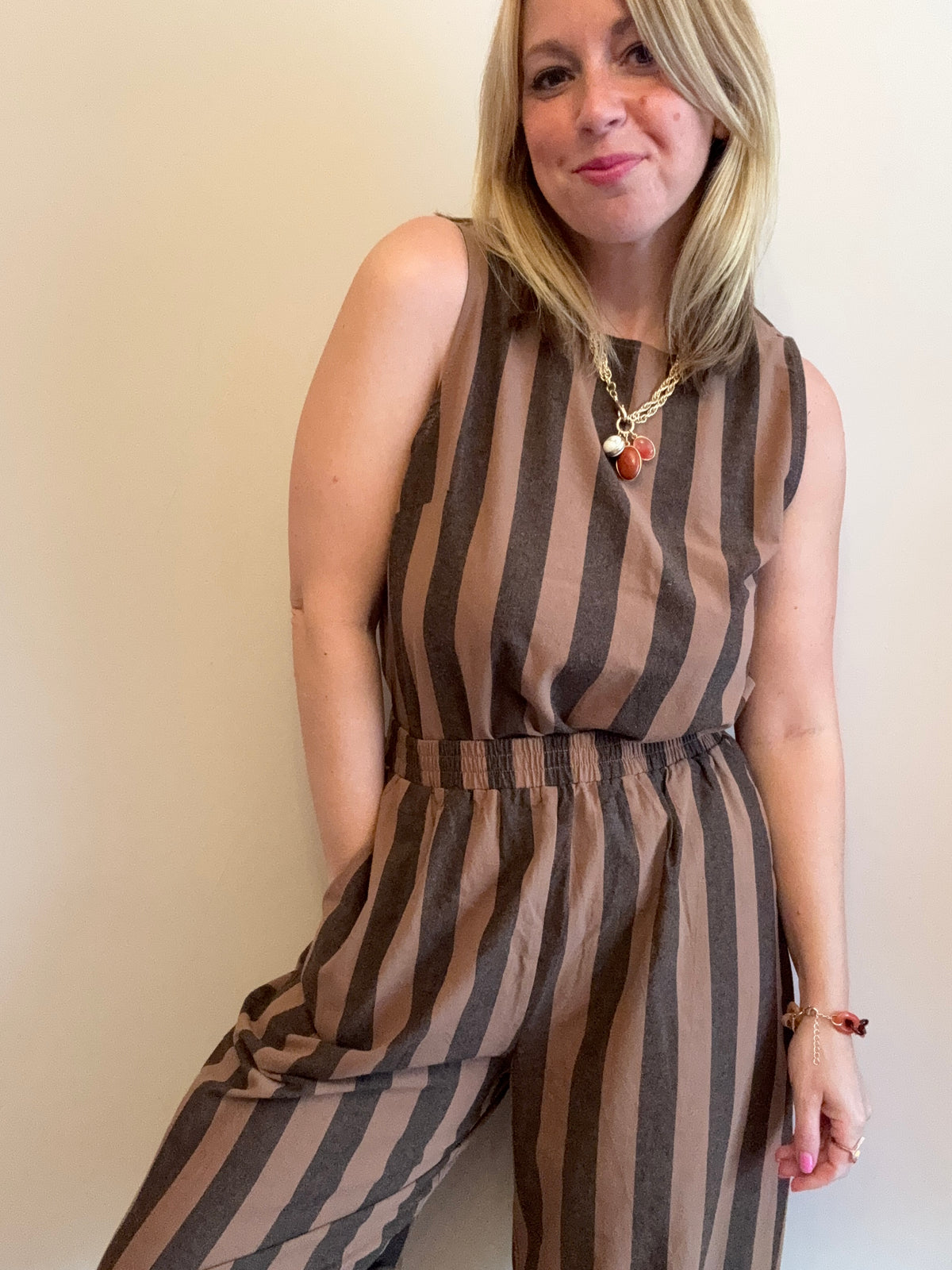 Brown & Charcoal Striped Wide-Leg Coord