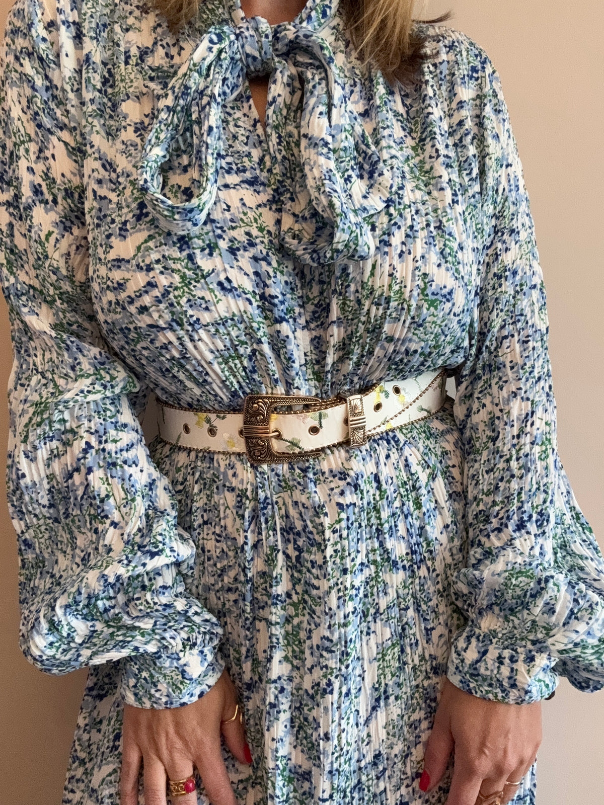 Blue & White Pleated Maxi Dress