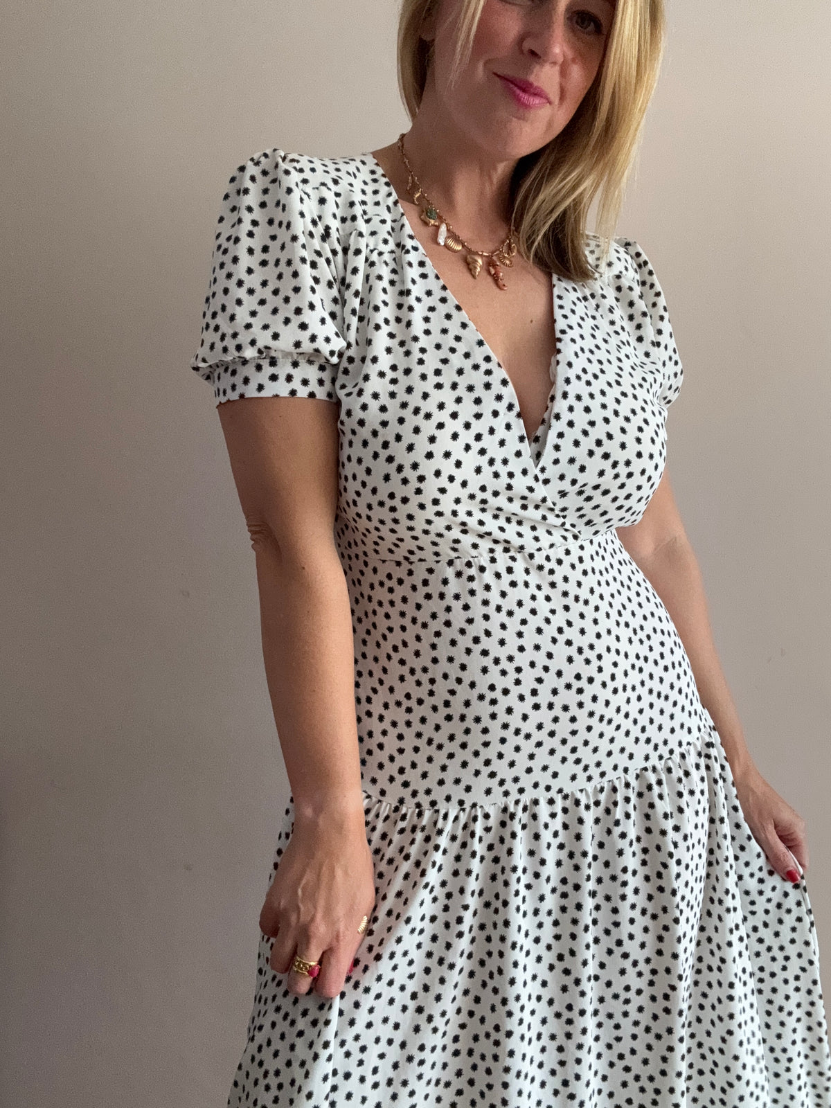 White & Black Spot Print Midi Dress
