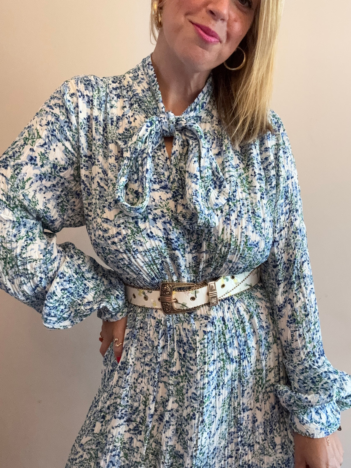Blue & White Pleated Maxi Dress