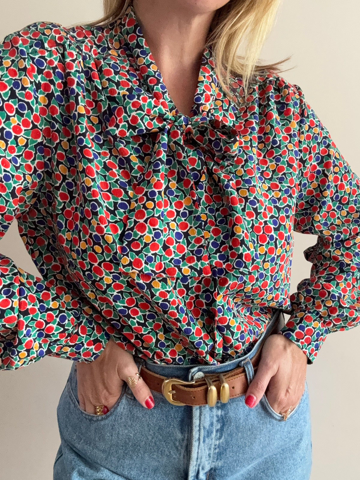 1980s Colourful Printed Tie-Neck Blouse