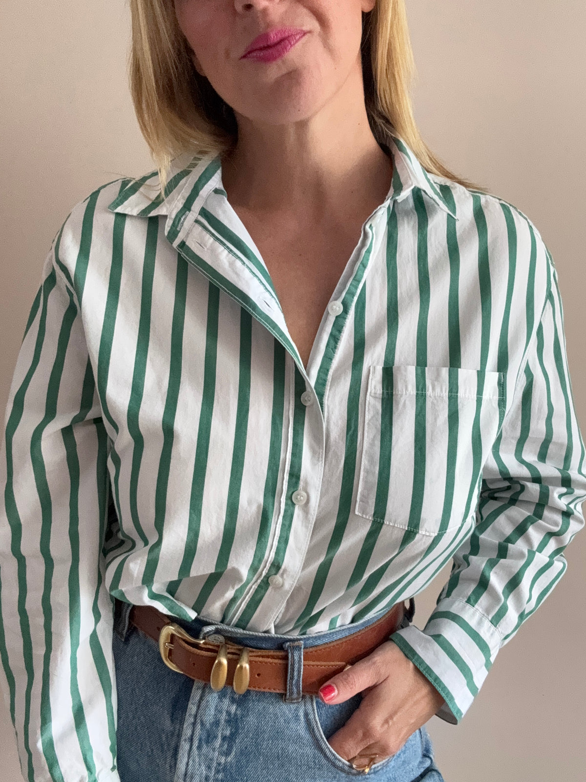 Cotton Green & White Striped Cropped Shirt
