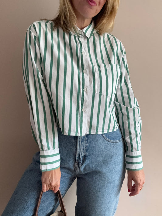 Cotton Green & White Striped Cropped Shirt